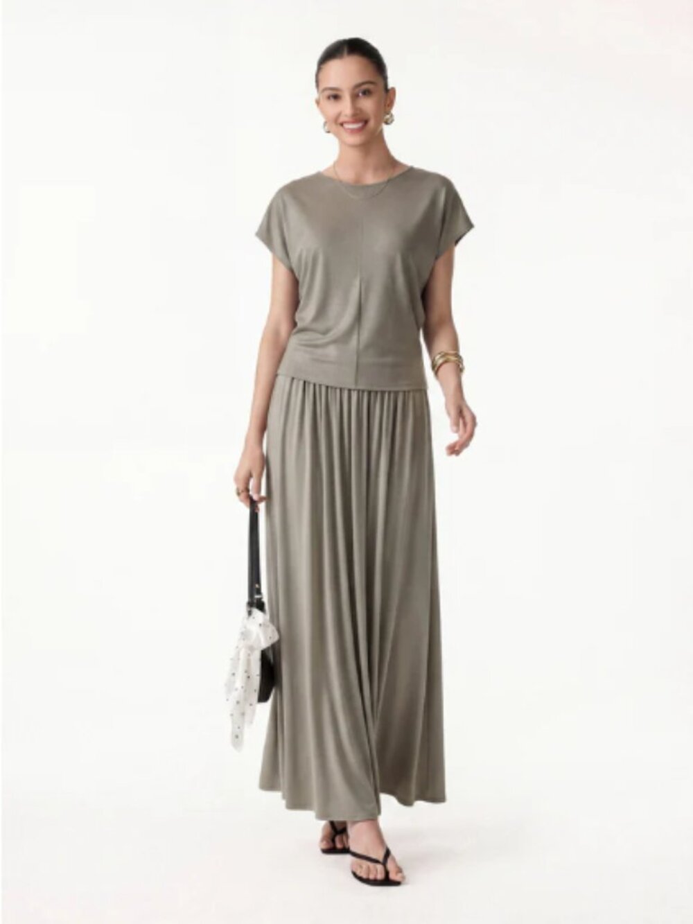 OGL 2Pcs Set Round Neck Top & A-Line Maxi Skirt with